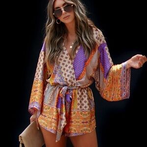 Vici Multicolor Patchwork Print Romper in Purple, Orange, Cream
